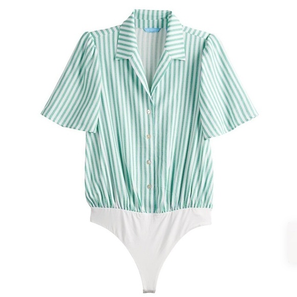 Draper James RSVP New Size XS Button Front Linen Blend Bodysuit Kelly Stripe - Picture 1 of 7